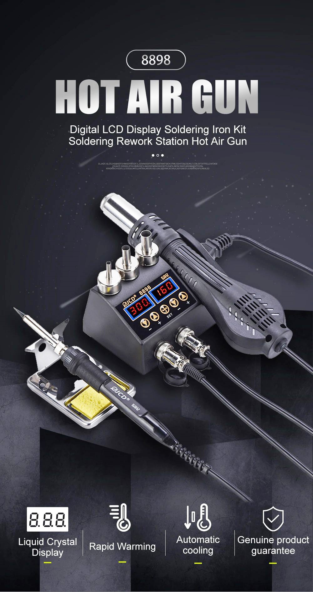 JCD 8898 2in1 750W Soldering Station Hot Air Gun Heater LCD Digital Display Soldering Iron Welding Rework Station