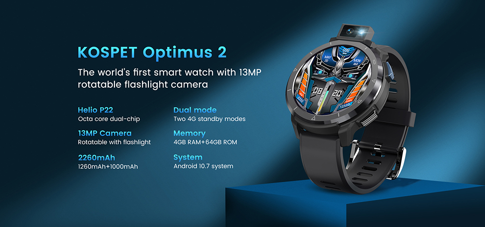 Kospet Optimus 2 Bluetooth okosóra 1.6 hüvelykes érintőképernyős Helio P22 13 MP kamera Android 10.7 4 GB RAM 64 GB ROM 31 Sport módok 5 ATM vízálló 1260 mAh akkumulátor Többnyelvű - Fekete
