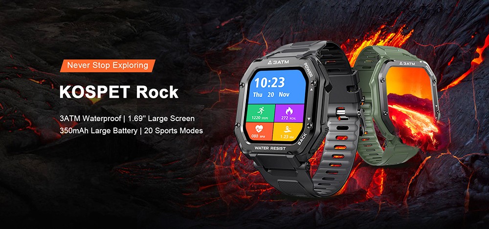 Kospet Rock Outdoor Bluetooth Smartwatch 1.69 "Tela Retângulo TFT Freqüência Cardíaca Monitor de SpO2 20 Modos Esportivos Bateria 3ATM Resistente à Água 350mAh - Verde
