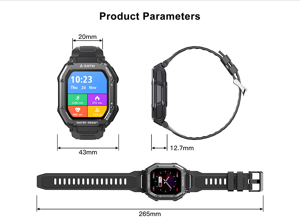 Kospet Rock Outdoor Bluetooth Smartwatch 1.69 นิ้วสี่เหลี่ยมผืนผ้าหน้าจอ TFT อัตราการเต้นหัวใจความดันโลหิต SpO2 Monitor 20 โหมดกีฬา 3ATM แบตเตอรี่ 350mAh กันน้ำ - สีเขียว