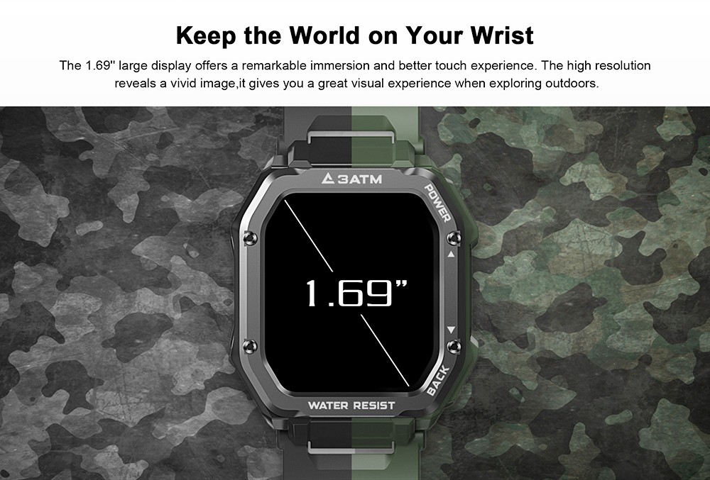 Kospet Rock Outdoor Bluetooth Smartwatch 1.69 بوصة مستطيلة TFT شاشة معدل ضربات القلب ضغط الدم مراقب SpO2 20 وضع رياضي 3ATM مقاومة للماء بطارية 350 مللي أمبير - أخضر