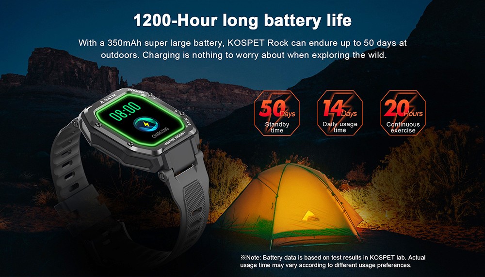 Kospet Rock Outdoor Bluetooth Smartwatch 1.69 Pollici Rettangolo TFT Schermo Frequenza cardiaca Monitoraggio della pressione sanguigna SpO2 20 Modalità sportive Batteria 3mAh resistente all'acqua 350ATM - Verde