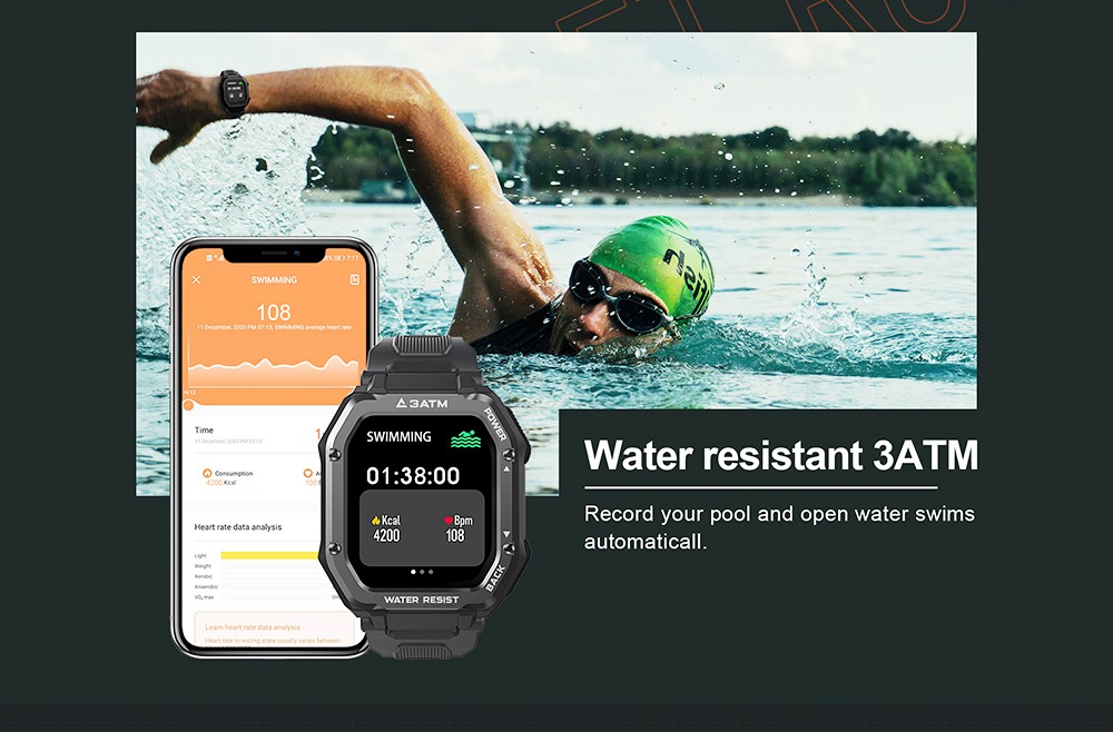 Kospet Rock Outdoor Bluetooth Smartwatch Pantalla TFT rectangular de 1.69 pulgadas Monitor de frecuencia cardíaca Presión arterial SpO2 20 modos deportivos Batería de 3 mAh resistente al agua 350ATM - Verde