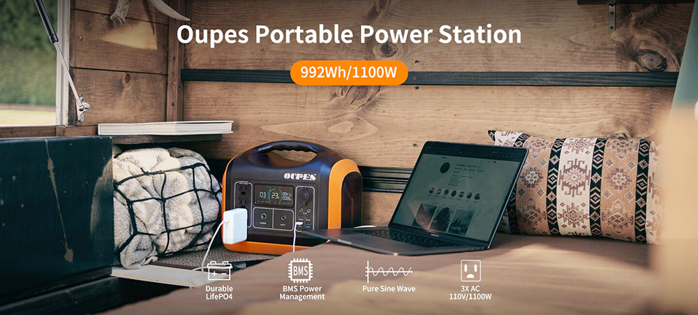 OUPES Portable Power Station 1100W Solar Generator Backup Power Supply for Camping Hiking Hunting 3x AC Outputs