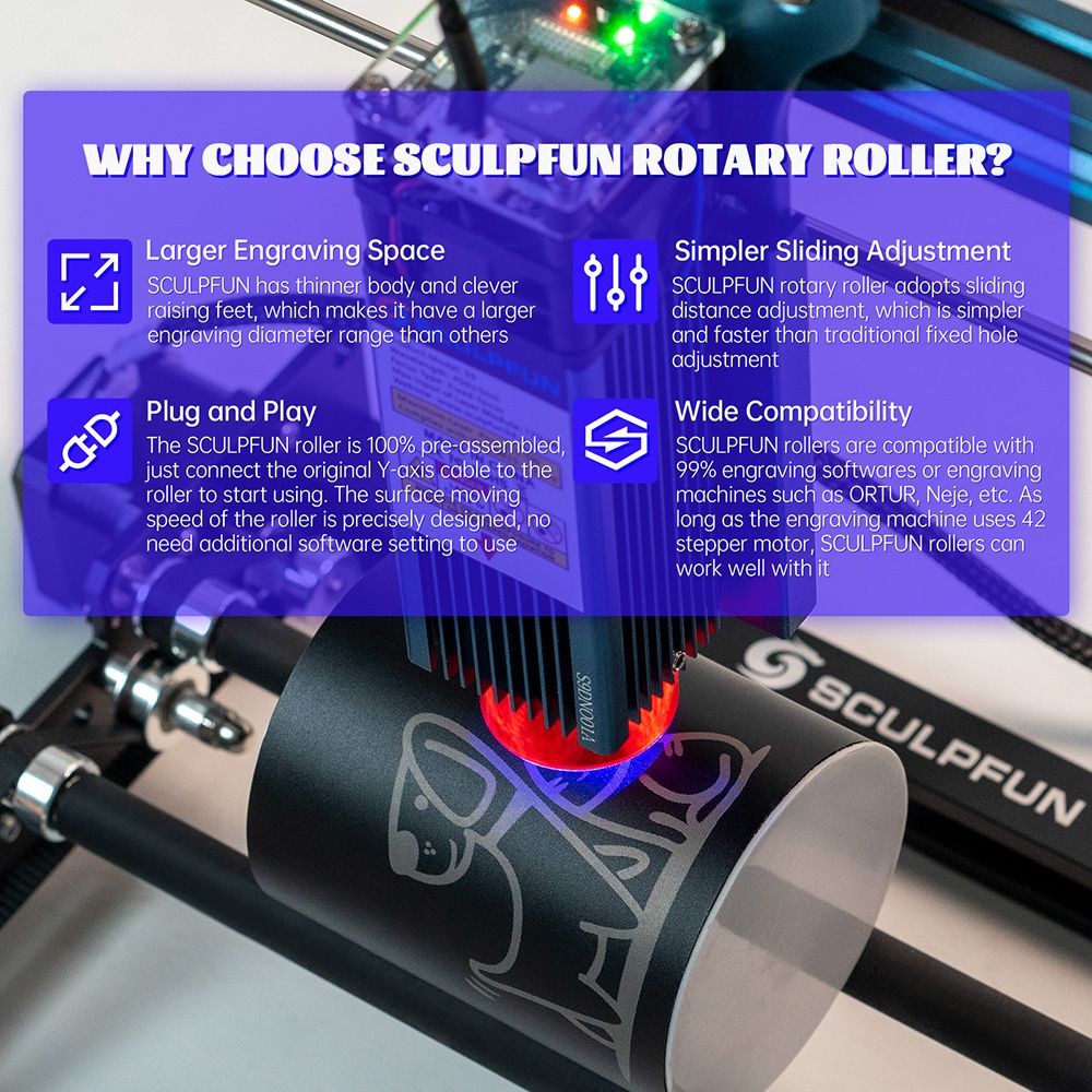 Sculpfun Laser Rotary Roller Graveur Laser Axe Y Rotatif avec Rotation à 360 Degrés pour Gravure au Laser Objets Cylindriques Boîtes