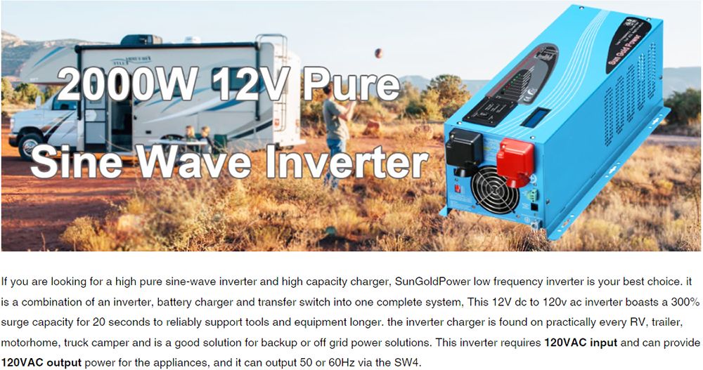 SunGoldPower 2000W DC 12V Pure Sine Wave العاكس مع شاحن