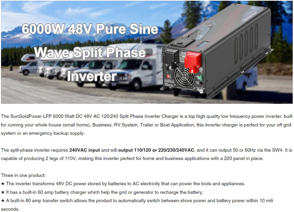 SunGoldPower 6000W DC 48V Split Phase Pure Sine Wave Inverter With Charger