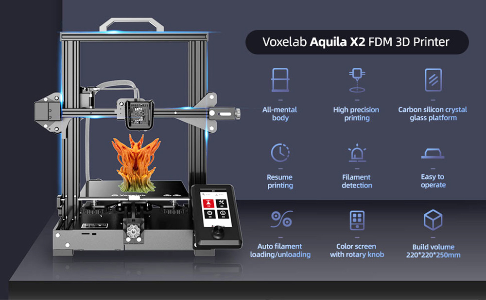 Voxelab Aquila X2 FDM 3D Printer 32-bit Silent Motherboard Resume Printing 4.3-inch Color LCD Screen 220x220x250mm