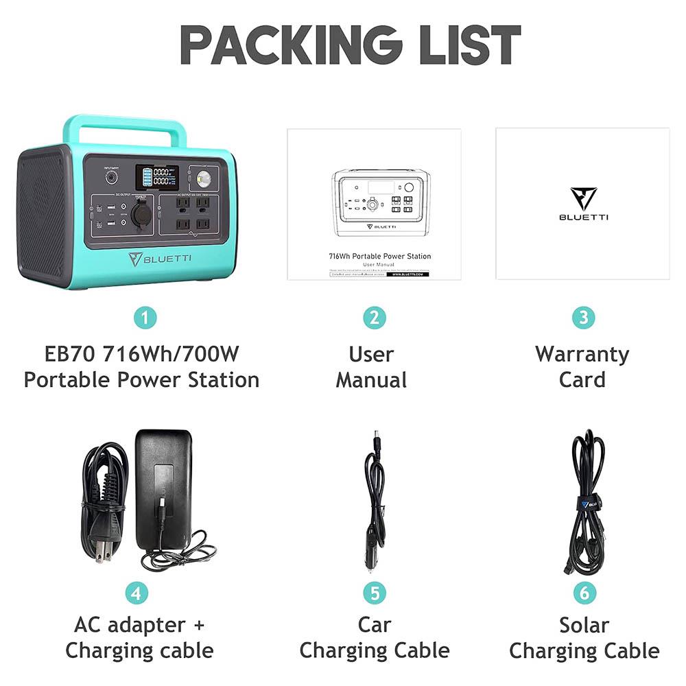 BLUETTI EB70 Portable Power Station 716Wh Solar Generator LiFePO4 Battery Backup 700W Inverter with 2x100W Type-C PD - Blue