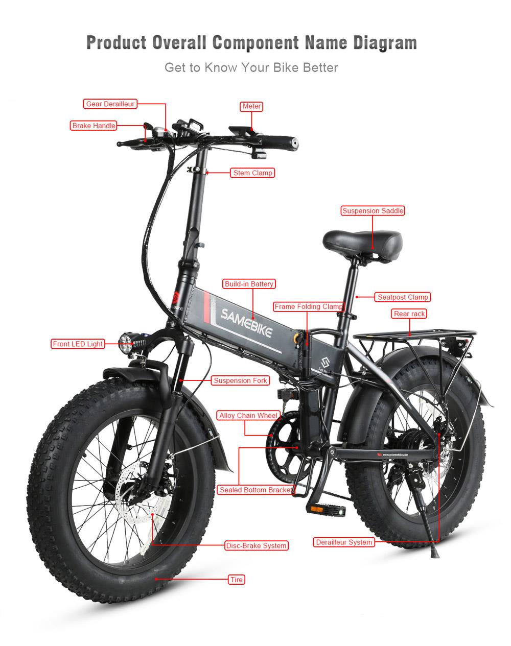 Samebike LOTDM200-FT Folding Electric Moped Bike 350W Motor 10Ah Battery Max 30km/h 20 Inch Tire - Black