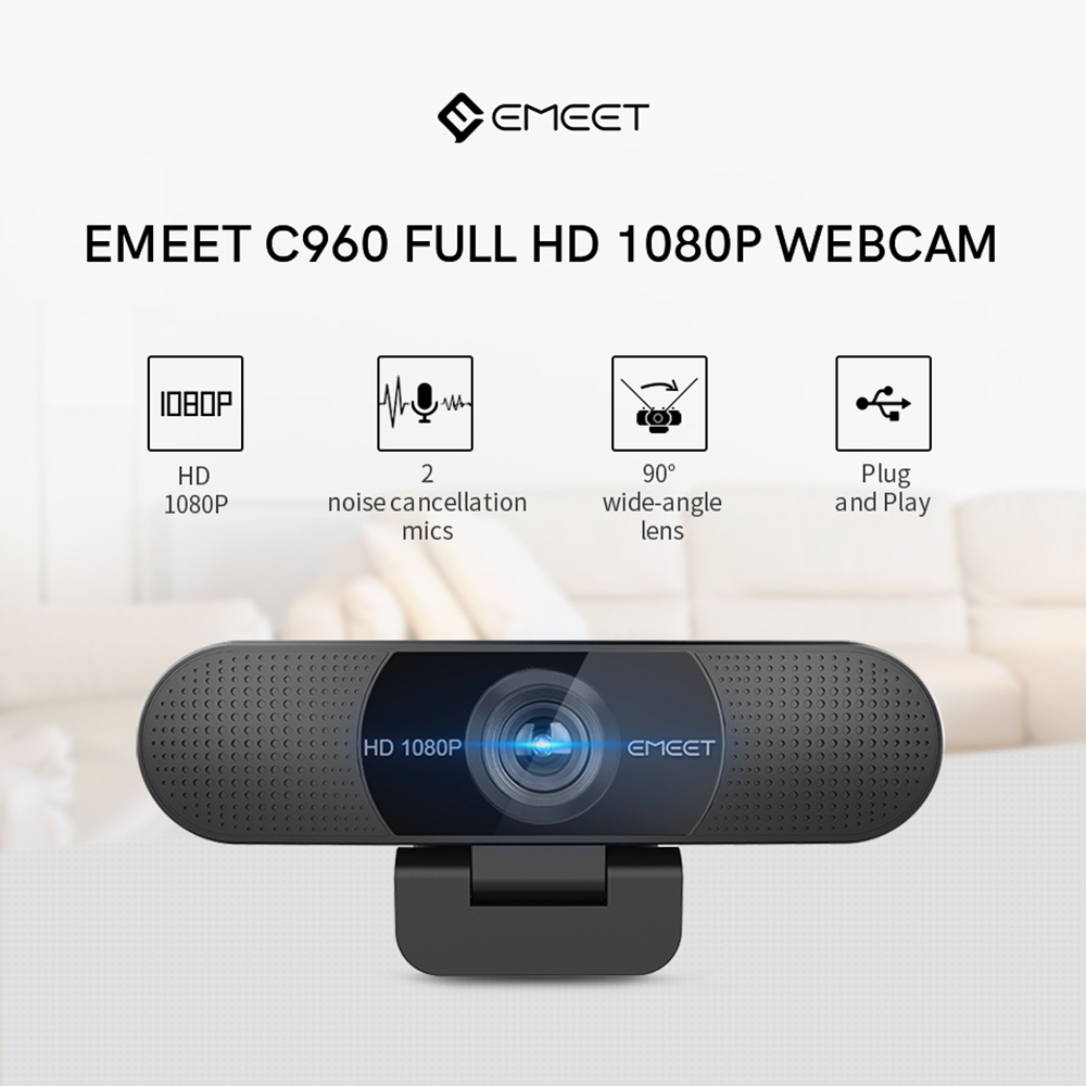 eMeet C960 1080P Webカメラ、プライバシーカバー内蔵ノイズキャンセリングマイクUSB接続、オンライン教育、会議、ビデオ通話用-黒