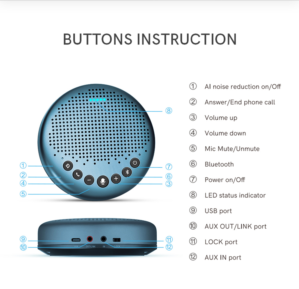 Przenośny głośnik komputerowy eMeet Luna Lite Tryb redukcji szumów VoiceIA, połączenie USB, Bluetooth, AUX