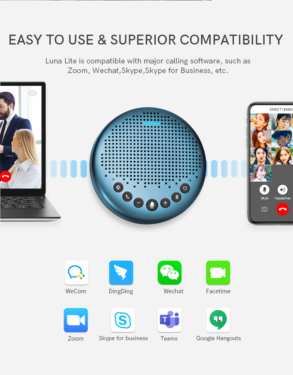 eMeet Luna Lite Portable Computer Speaker VoiceIA Noise Reduction Mode, USB, Bluetooth, AUX connection
