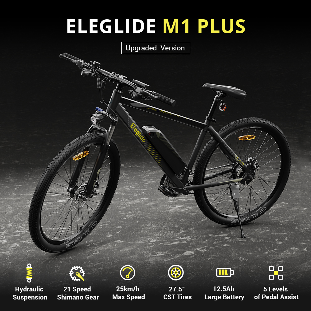 ELEGLIDE M1 PLUS Upgraded Version Electric Mountain Bike 27.5 inch 250W Brushless Motor SHIMANO 21 Speeds Shifter 36V 12.5Ah Battery 25km/h speed IPX4 Waterproof Electric-Assist up to 100km Max Range Aluminum alloy Frame Dual Disk Brake - Black