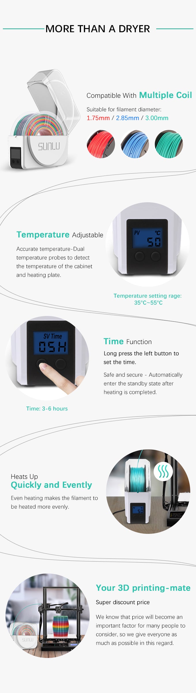 SUNLU S1 3D Filament Dryer, Compatible with 1.75mm, 2.85mm, 3.00mm Filament, Maximum Capacity 210 x 85 mm