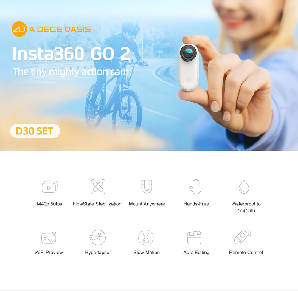 ADO & Insta360 GO2 XE Športová kamera Wifi 1440p 50fps Vodotesná akčná kamera & Elektrická vzduchová pumpa na hustenie pneumatík - model A