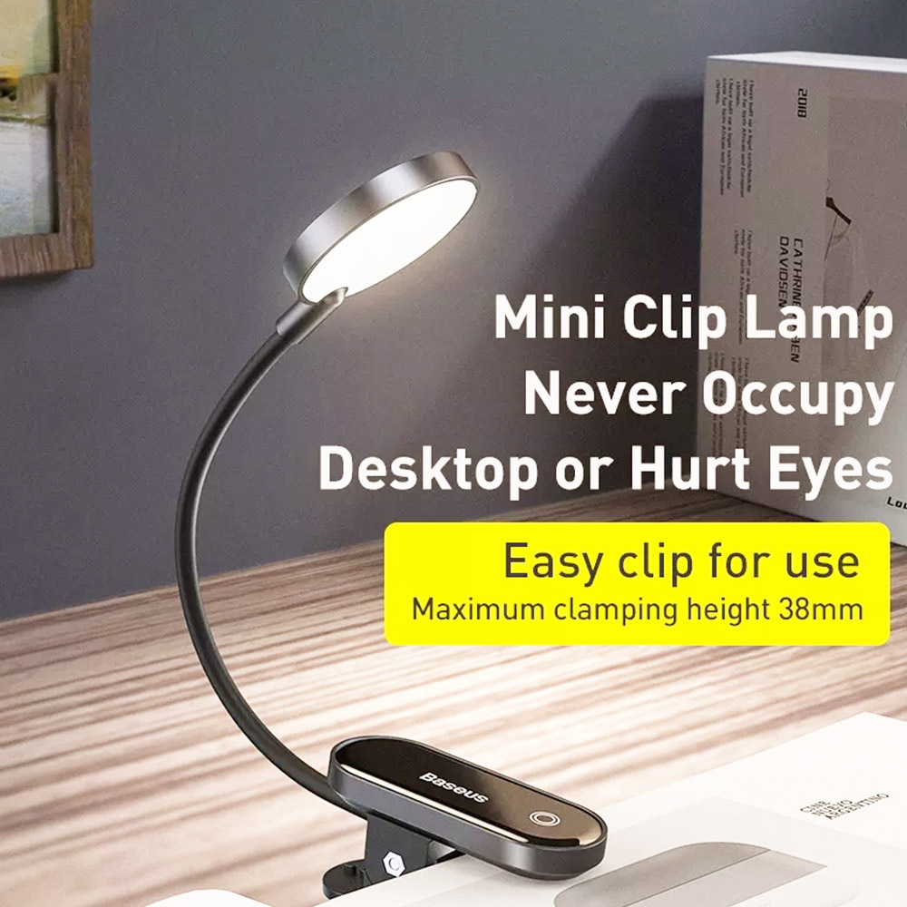 Baseus LED Mini Klipsli Masa Lambası Seyahat Yatak Odası Kitap Okuma-Siyah için 360 Derece Esnek Şarj Edilebilir Gece Işığı