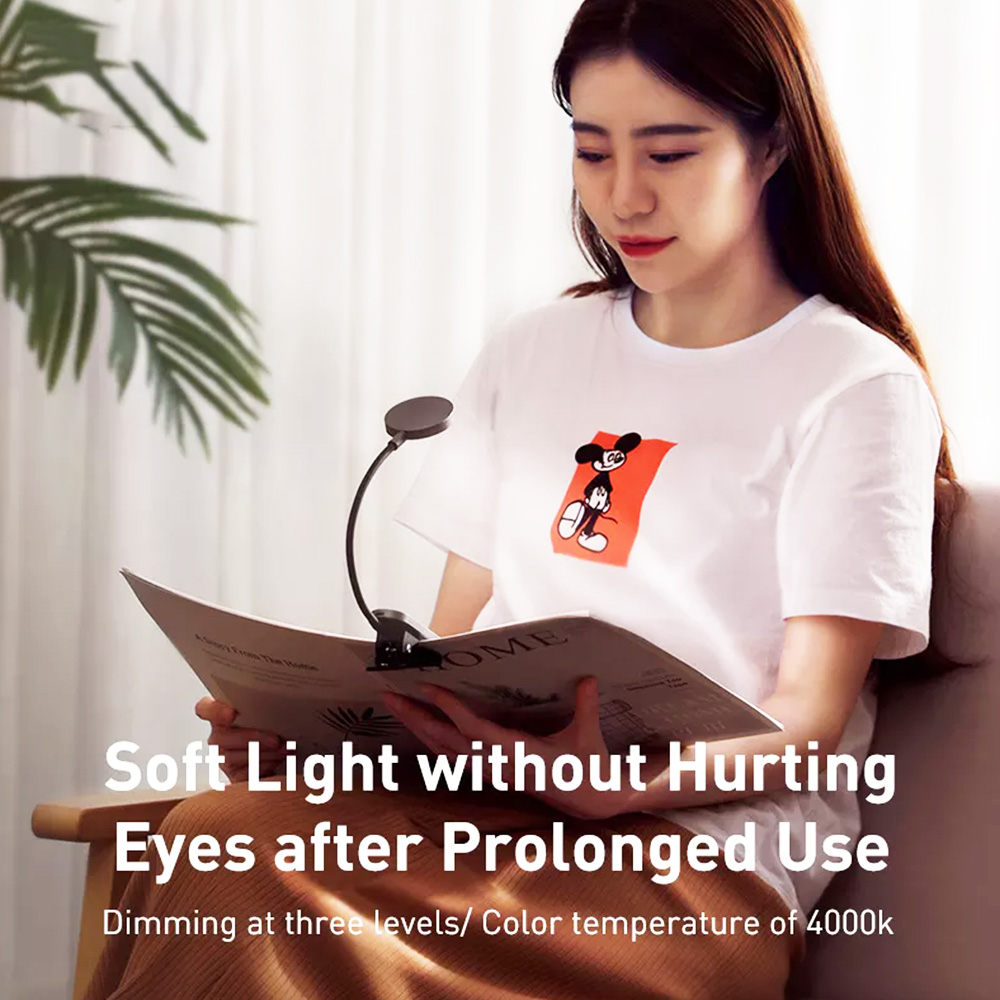 Baseus LED Mini Klipsli Masa Lambası Seyahat Yatak Odası Kitap Okuma-Siyah için 360 Derece Esnek Şarj Edilebilir Gece Işığı