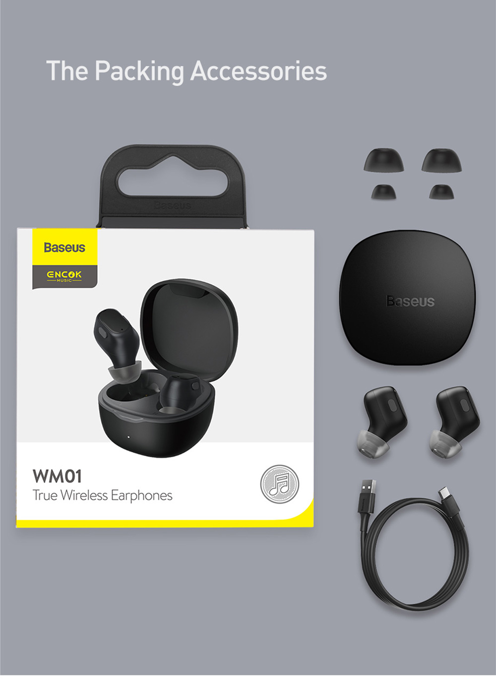Baseus WM01 TWS Wireless Earphone Bluetooth 5.0 HD Headphones Touch Control Earbuds for iOS/Android - Black