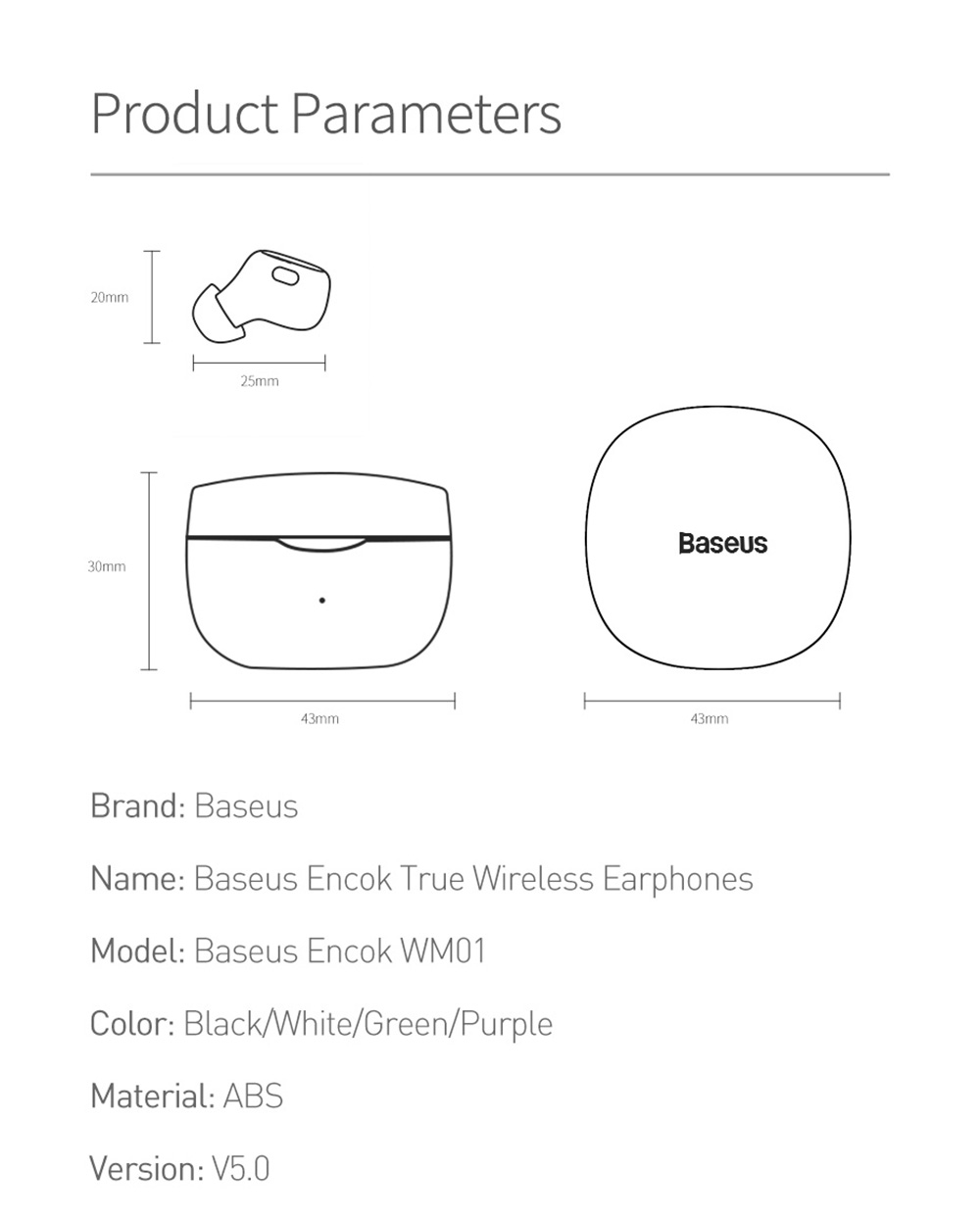 Baseus WM01 TWS Wireless Earphone Bluetooth 5.0 HD Headphones Touch Control Earbuds for iOS/Android - Purple