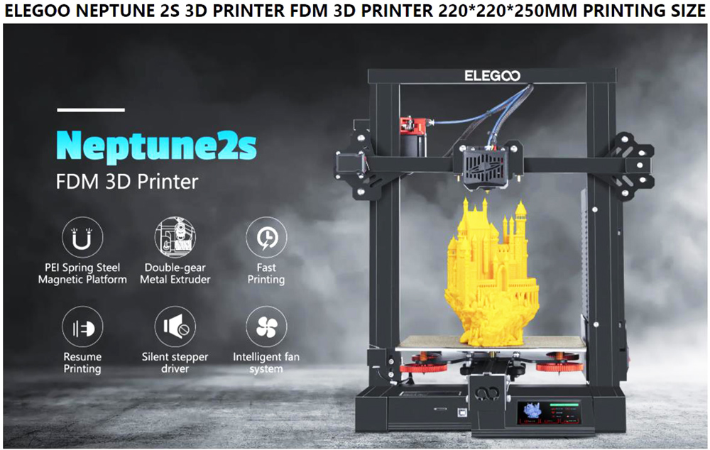 ELEGOO Neptune 2S FDM 3D Printer with PEI Printing Sheet Large Printing Size 220x220x250mm