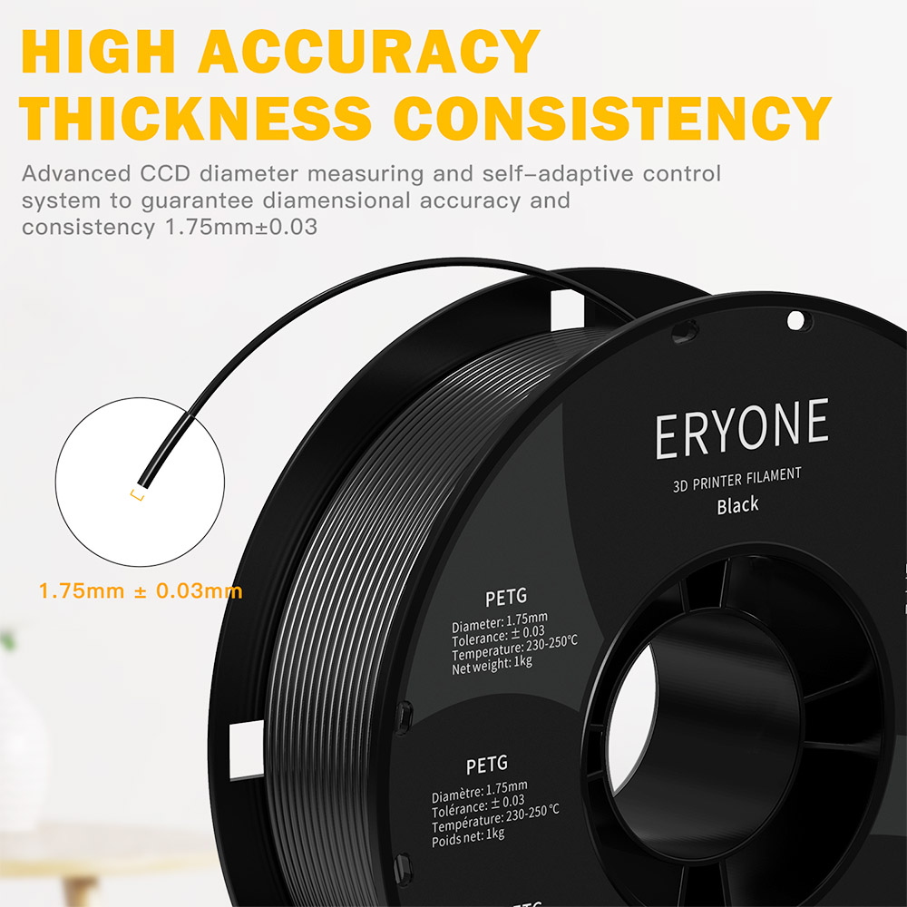 ERYONE PETG Filament for 3D Printer 1.75mm Tolerance 0.03mm 1KG(2.2LBS)/Spool - Black