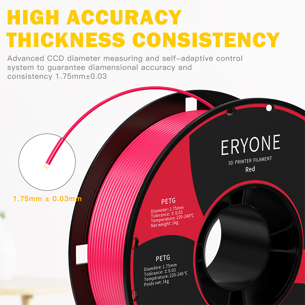 ERYONE PETG Filament for 3D Printer 1.75mm Tolerance 0.03mm 1KG(2.2LBS)/Spool - Red