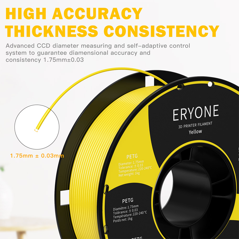 ERYONE PETG Filament for 3D Printer 1.75mm Tolerance 0.03mm 1KG(2.2LBS)/Spool - Yellow
