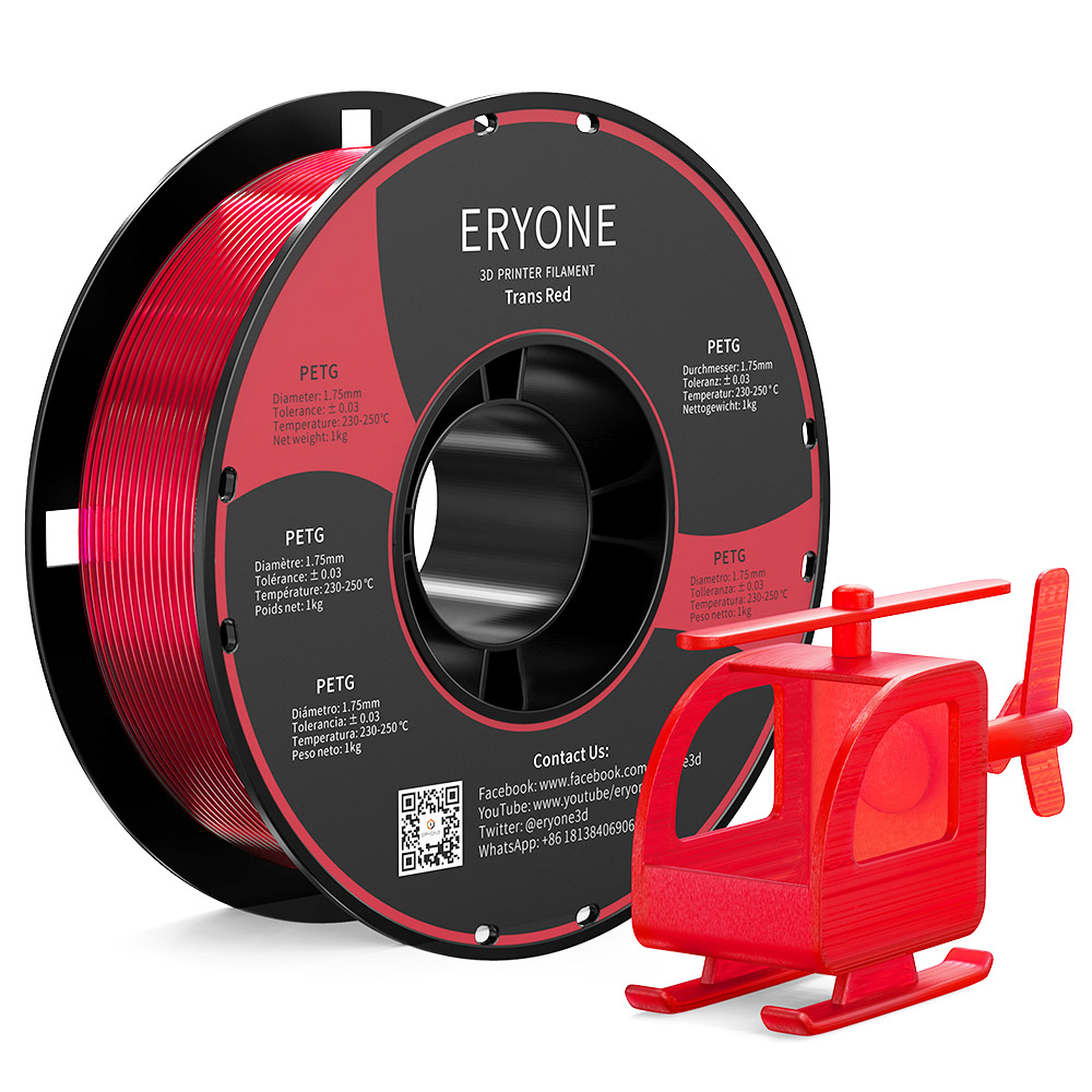 ERYONE PETG Filament pour Imprimante 3D Tolérance 1.75mm 0.03mm 1KG(2.2LBS)/Bobine - Rouge Transparent