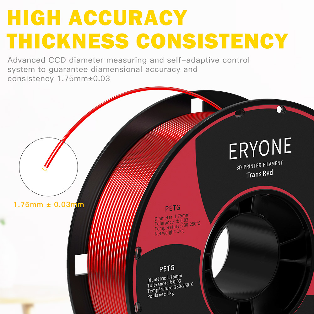 3D Yazıcı için ERYONE PETG Filament 1.75mm Tolerans 0.03mm 1KG(2.2LBS)/Makara - Şeffaf Kırmızı