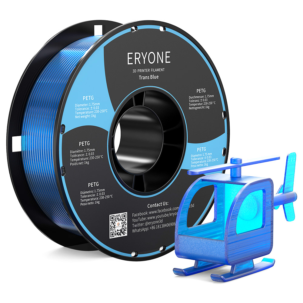 Filament PETG ERYONE pour imprimante 3D Tolérance 1.75 mm 0.03 mm 1 kg (2.2 lb) / bobine - bleu transparent