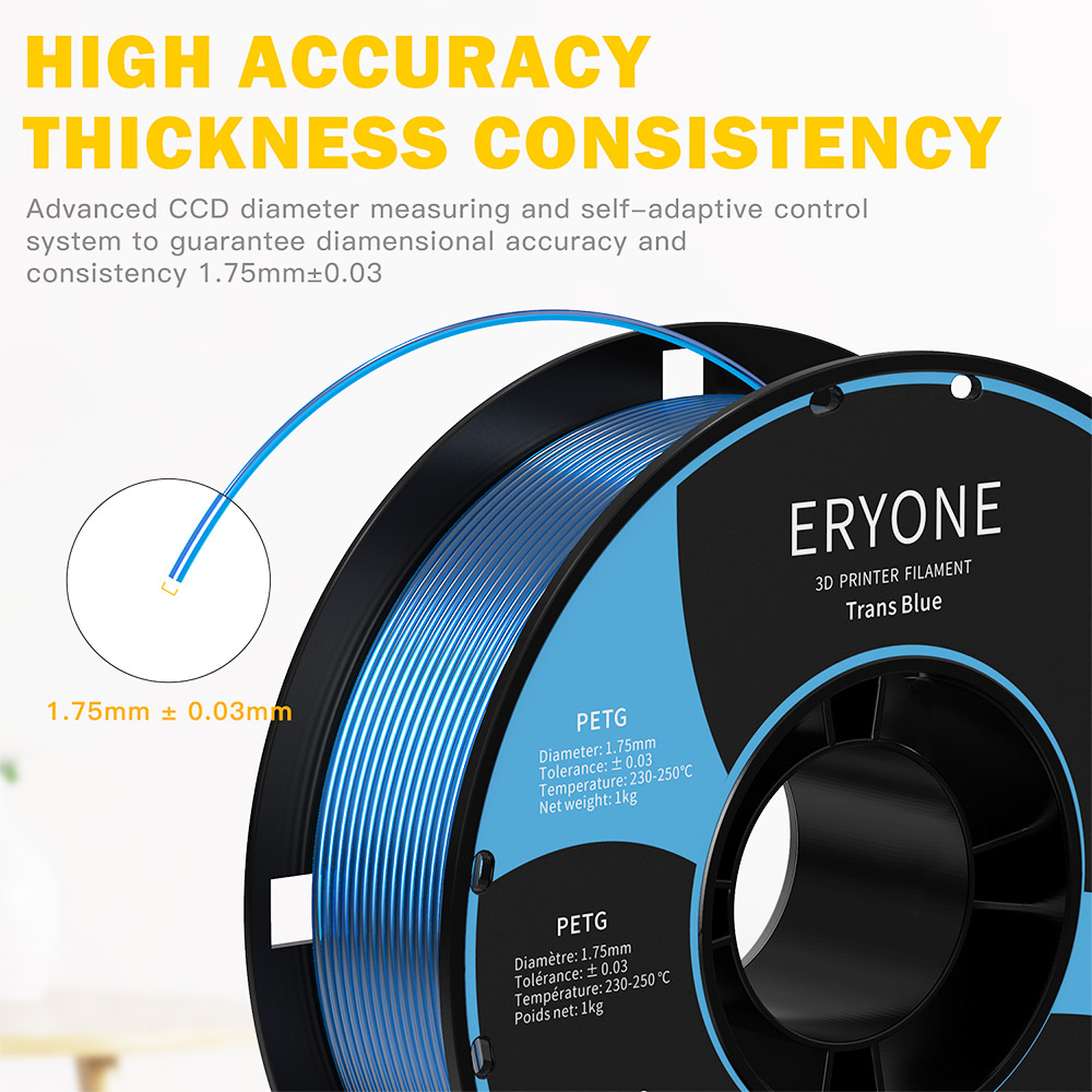 3D Yazıcı için ERYONE PETG Filament 1.75mm Tolerans 0.03mm 1KG(2.2LBS)/Makara - Şeffaf Mavi