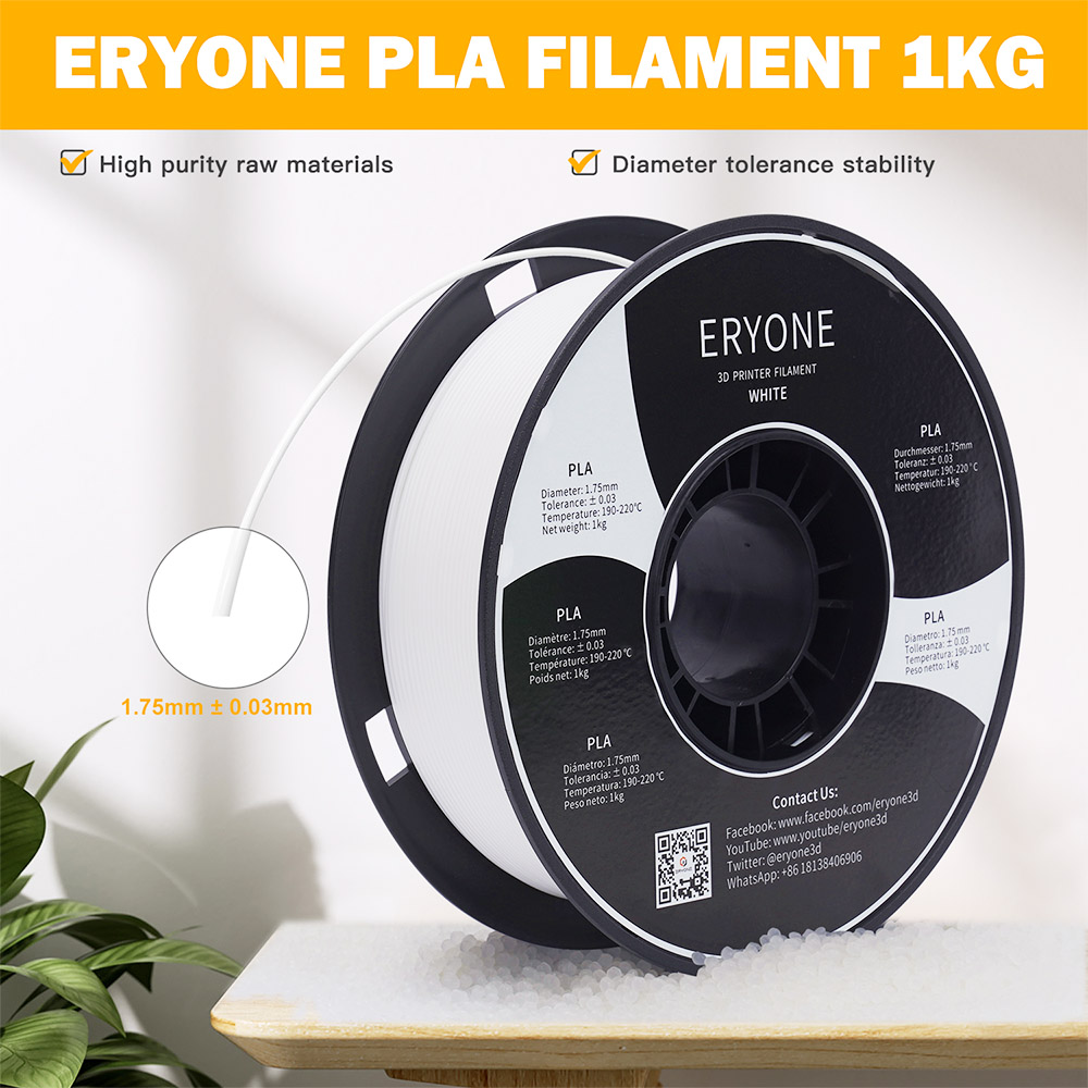 ERYONE PLA Filament for 3D Printer 1.75mm Tolerance 0.03mm 1kg (2.2LBS)/Spool - White