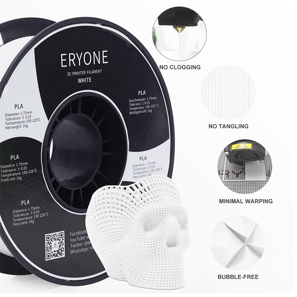 ERYONE PLA Filament for 3D Printer 1.75mm Tolerance 0.03mm 1kg (2.2LBS)/Spool - White