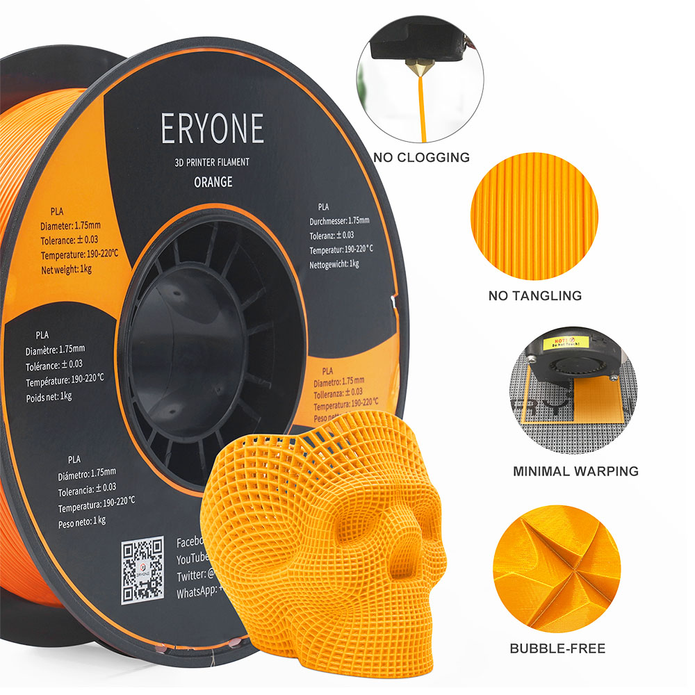 ERYONE PLA Filament for 3D Printer 1.75mm Tolerance 0.03mm 1kg (2.2LBS)/Spool - Orange