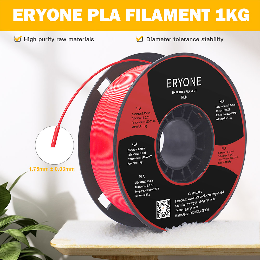 ERYONE PLA Filament pour Imprimante 3D Tolérance 1.75mm 0.03mm 1kg (2.2LBS)/Bobine - Rouge