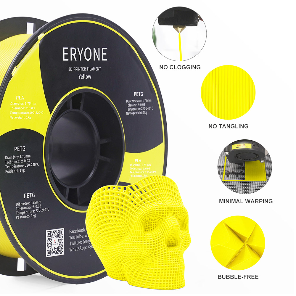 ERYONE PLA izzószál 3D nyomtatóhoz 1.75 mm tűrés 0.03 mm 1 kg (2.2 LBS)/orsó - sárga
