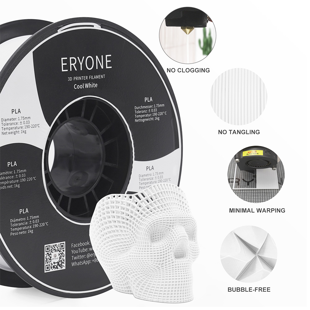 ERYONE PLA Filament voor 3D-printer 1.75mm Tolerantie 0.03mm 1kg (2.2LBS)/Spool - Koel Wit
