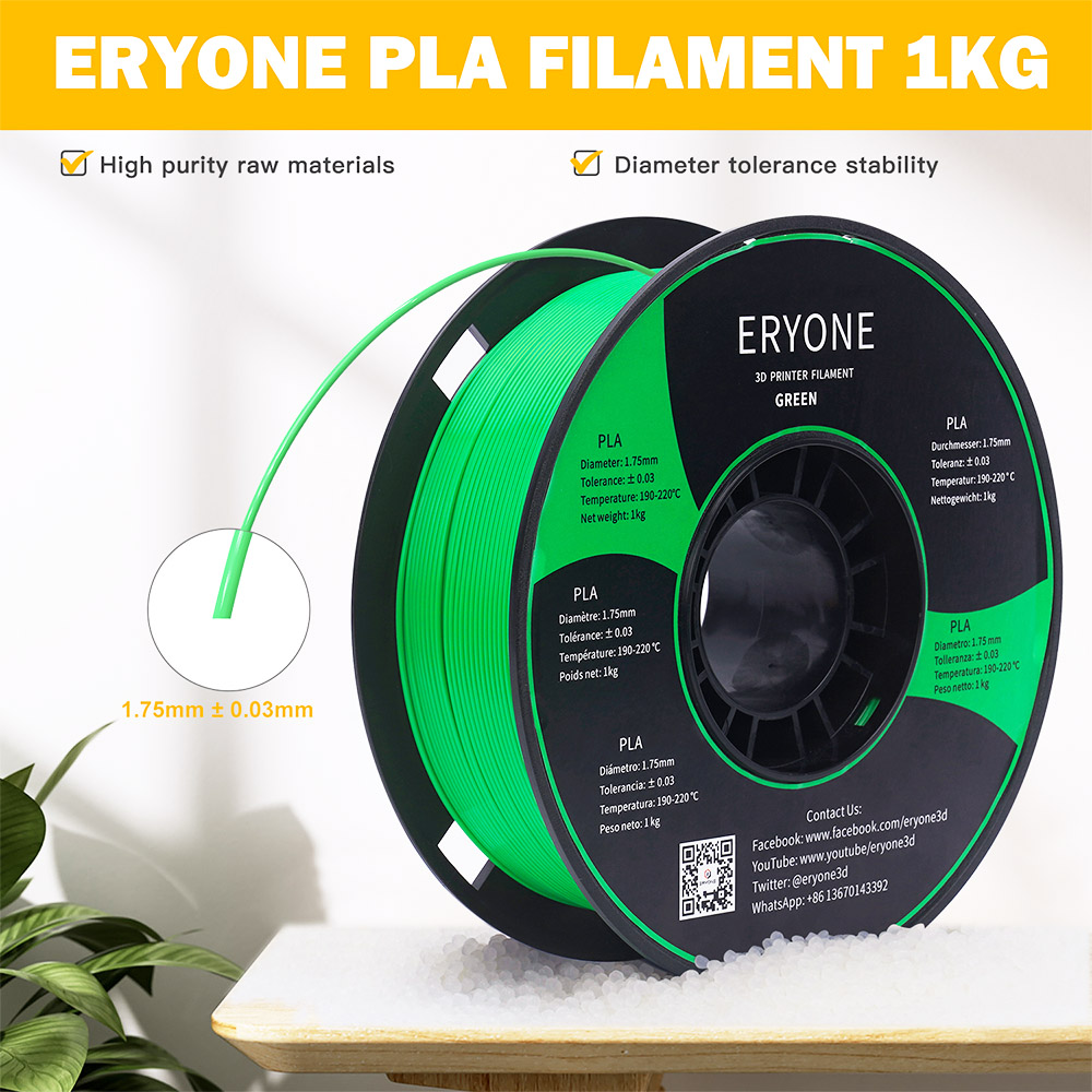חוט ERYONE PLA למדפסת תלת מימד 3 מ"מ סובלנות 1.75 מ"מ 0.03 ק"ג (1 ל"ב)/סליל - ירוק