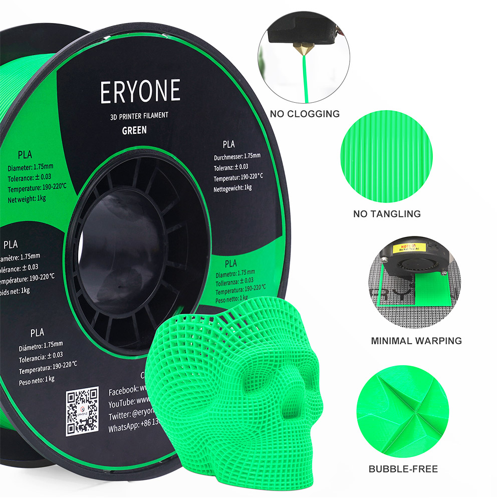 ERYONE PLA izzószál 3D nyomtatóhoz 1.75 mm tűrés 0.03 mm 1 kg (2.2 LBS)/orsó - zöld