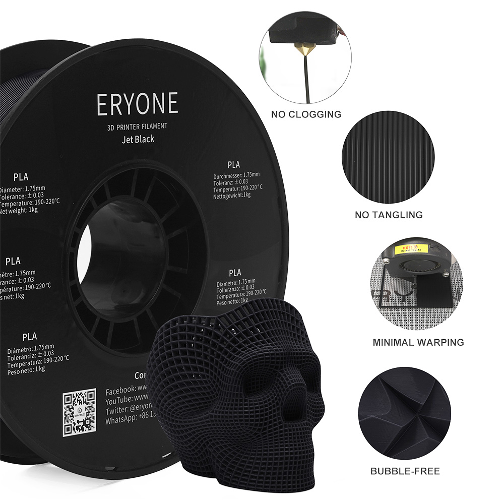 ERYONE PLA Filament pre 3D tlačiareň 1,75 mm Tolerancia 0,03 mm 1 kg (2.2LBS)/Spool - Jet Black