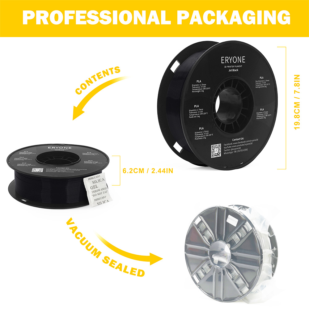ERYONE PLA Filament pre 3D tlačiareň 1,75 mm Tolerancia 0,03 mm 1 kg (2.2LBS)/Spool - Jet Black