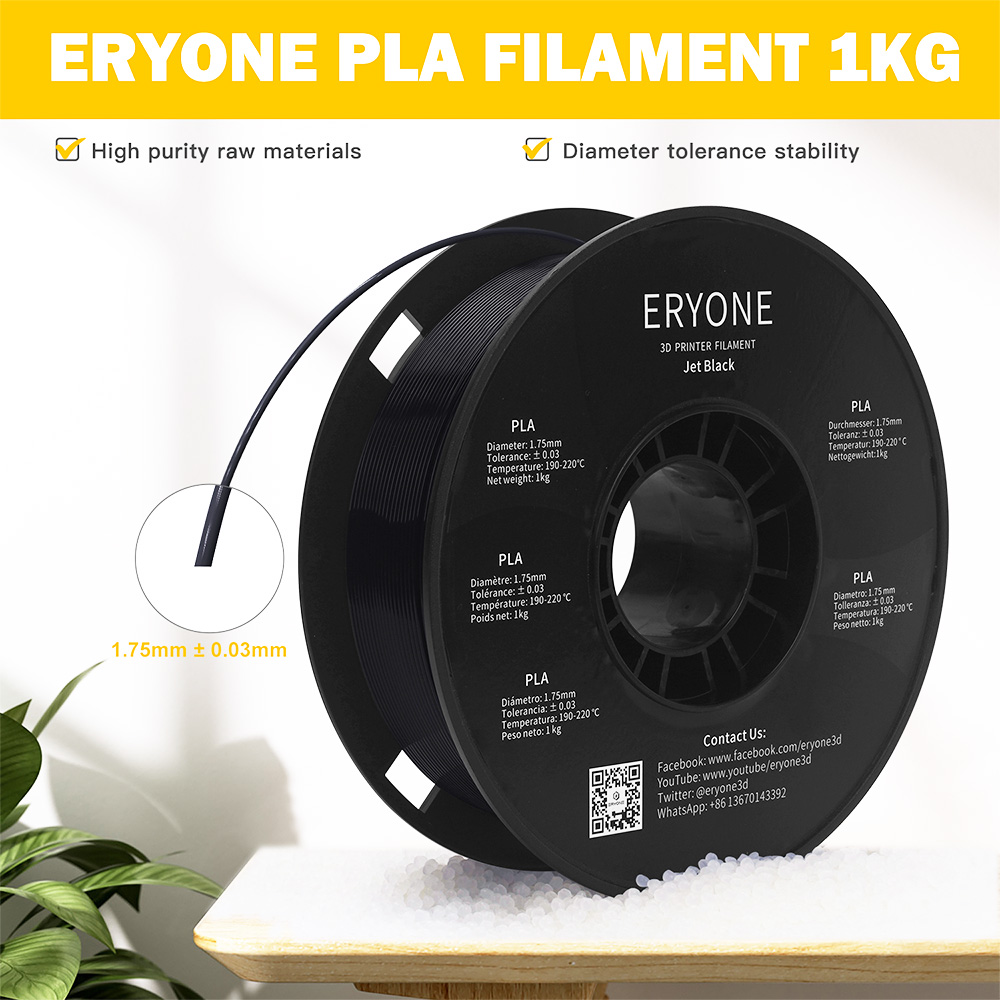 ERYONE PLA Filament pre 3D tlačiareň 1,75 mm Tolerancia 0,03 mm 1 kg (2.2LBS)/Spool - Jet Black