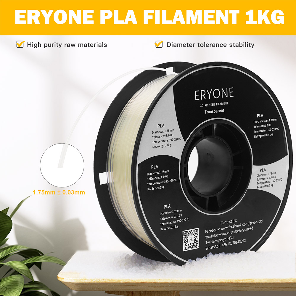 ERYONE PLA Filament for 3D Printer 1.75mm Tolerance 0.03mm 1kg (2.2LBS)/Spool - Transparent