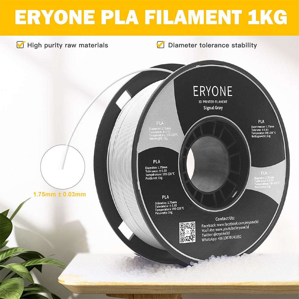 ERYONE PLA izzószál 3D nyomtatóhoz 1.75 mm tűrés 0.03 mm 1 kg (2.2 LBS)/orsó - jelszürke