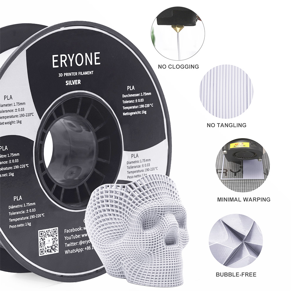 ERYONE PLA Filament for 3D Printer 1.75mm Tolerance 0.03mm 1kg (2.2LBS)/Spool - Silver