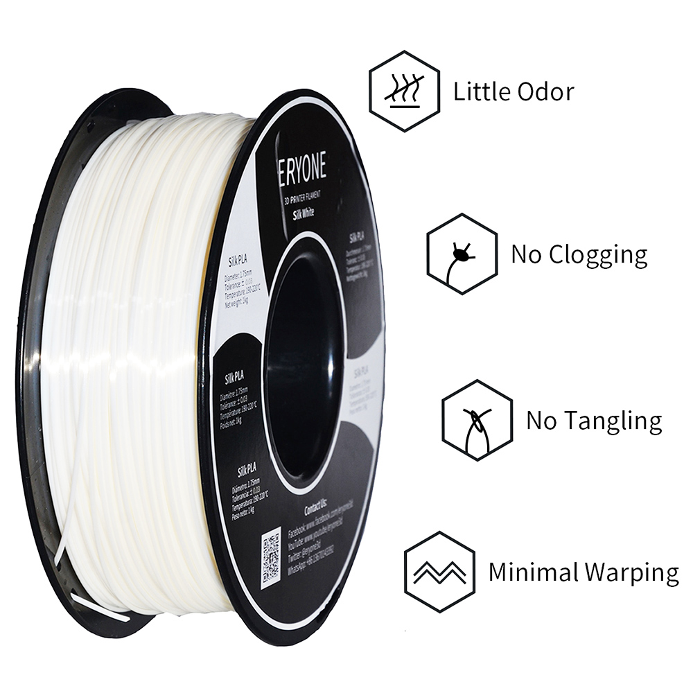 ERYONE Silk PLA Filament for 3D Printer 1.75mm Tolerance 0.03mm 1kg (2.2LBS)/Spool - White