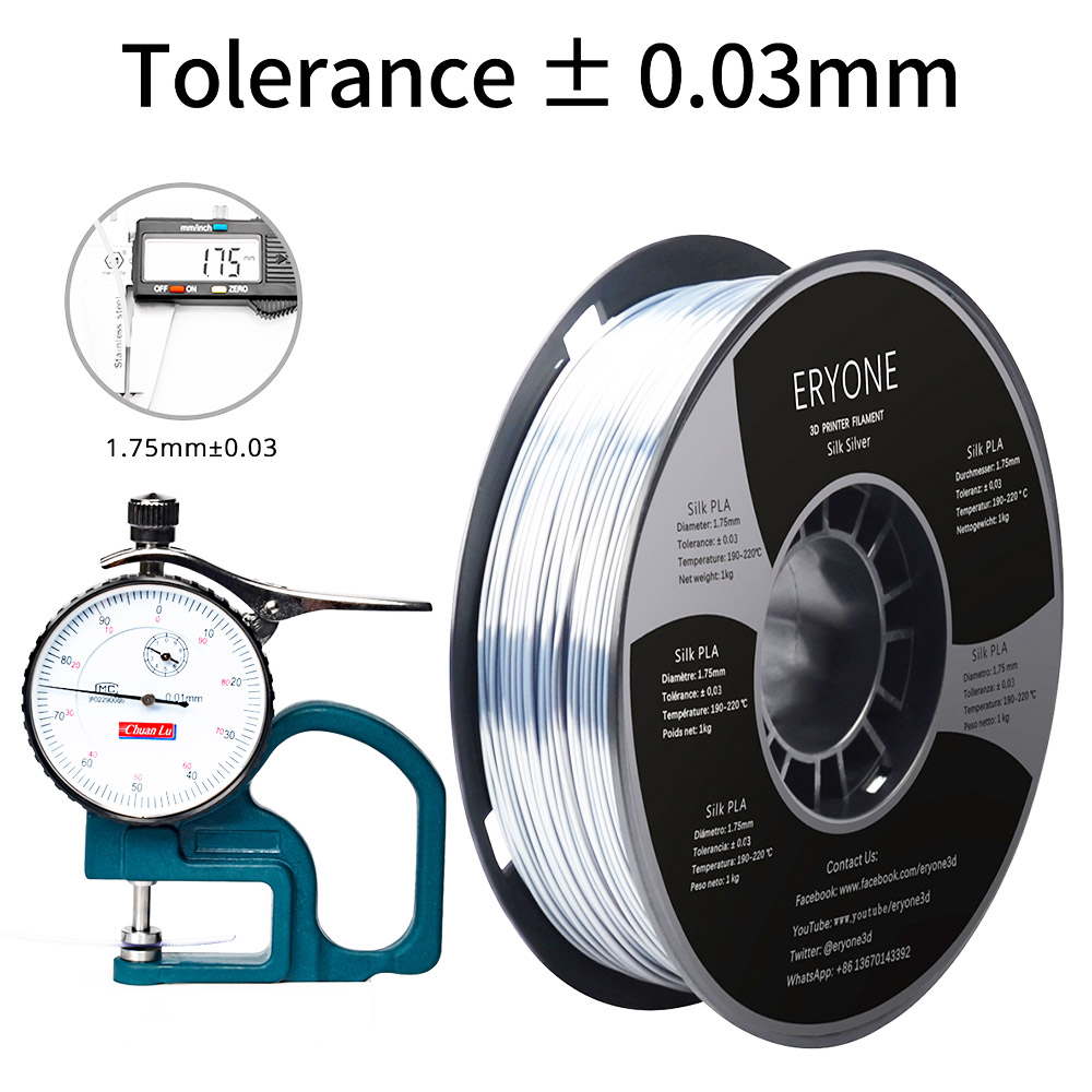 ERYONE Silk PLA Filament voor 3D Printer 1.75mm Tolerantie 0.03mm 1kg (2.2LBS)/Spool - Zilver