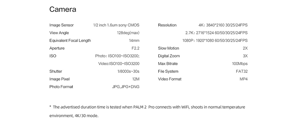 FIMI Palm 2 Pro 3-osiowa kamera gimbalowa Czujnik CMOS Zwolnione tempo 3X Zoom 4K @ 30fps Obiektyw szerokokątny 128 stopni F2.2 Przysłona