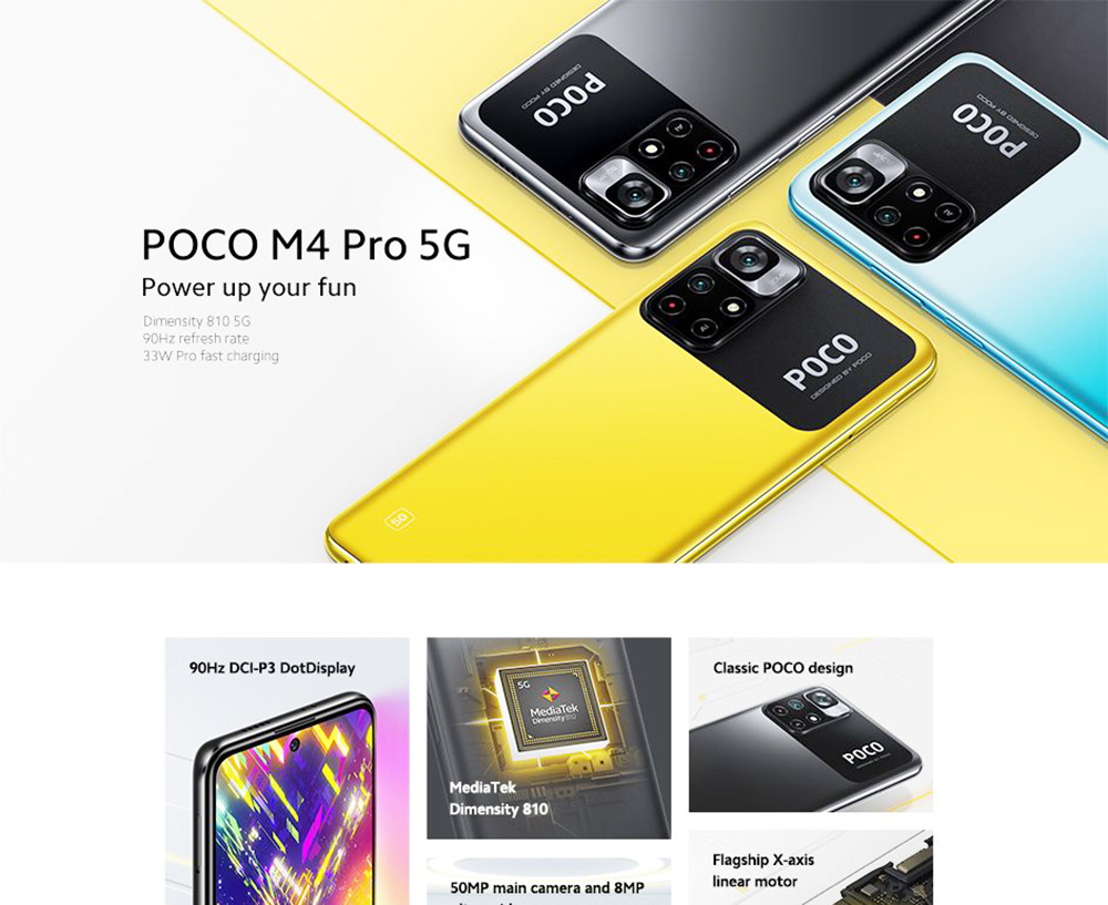 POCO M4 Pro Global Version 5G Smartphone 6.6 Inch FHD+ Screen MediaTek Dimensity 810 6GB RAM 128GB ROM Android 11 50MP + 8MP AI Dual Rear Camera 5000mAh Battery Dual SIM Dual Standby - Blue